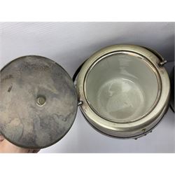 Five early 20th century biscuit barrels with silver-plated mounts