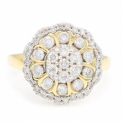 18ct gold diamond flower head cluster ring, set with forty-seven round cut diamonds, Birmi...