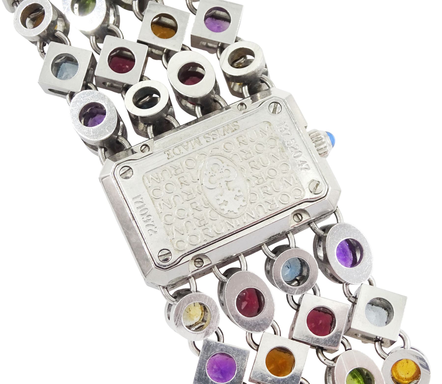 Corum Potpourri ladies stainless steel multi gemstone set quartz wristwatch, Ref. 137.520.47, serial No. 1710972, pink mother of pearl dial, diamond set bezel, on a multi gemstone set bracelet