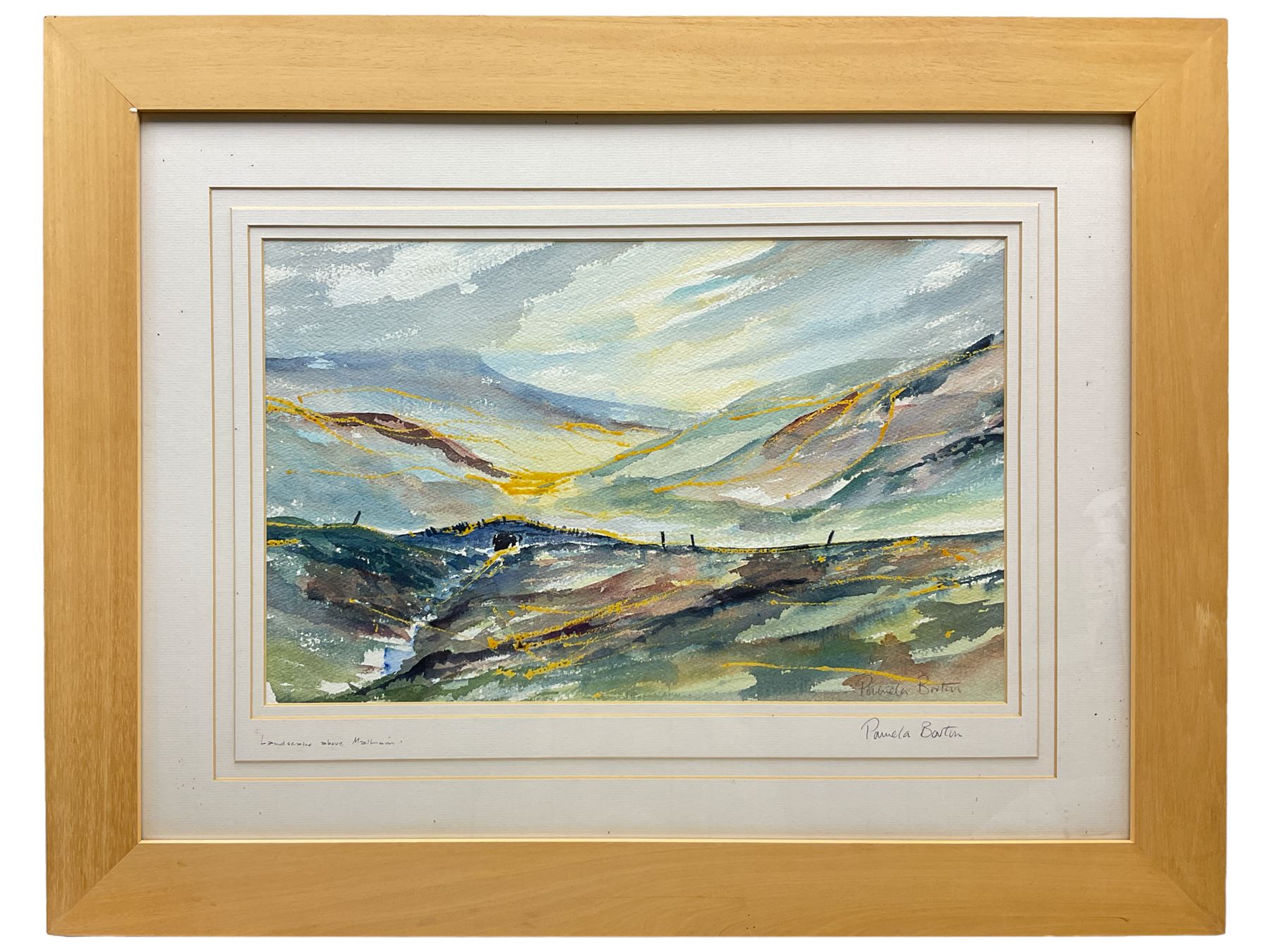 Pamela Barton (British Contemporary): 'Landscape Above Malham', watercolour signed and titled 31cm  x 50cm