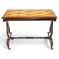 Victorian walnut marquetry and parquetry centre table, the rectangular top with floral mar...
