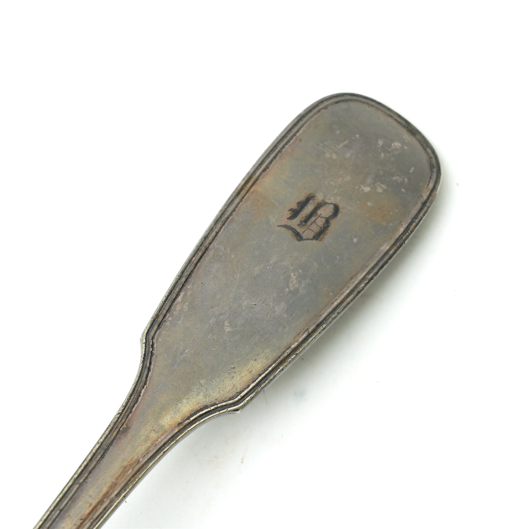 Britannia metal flagon by James Dixon & Sons with scroll handle and hinged lid H35cm and a silver plated fiddle pattern soup ladle (2)