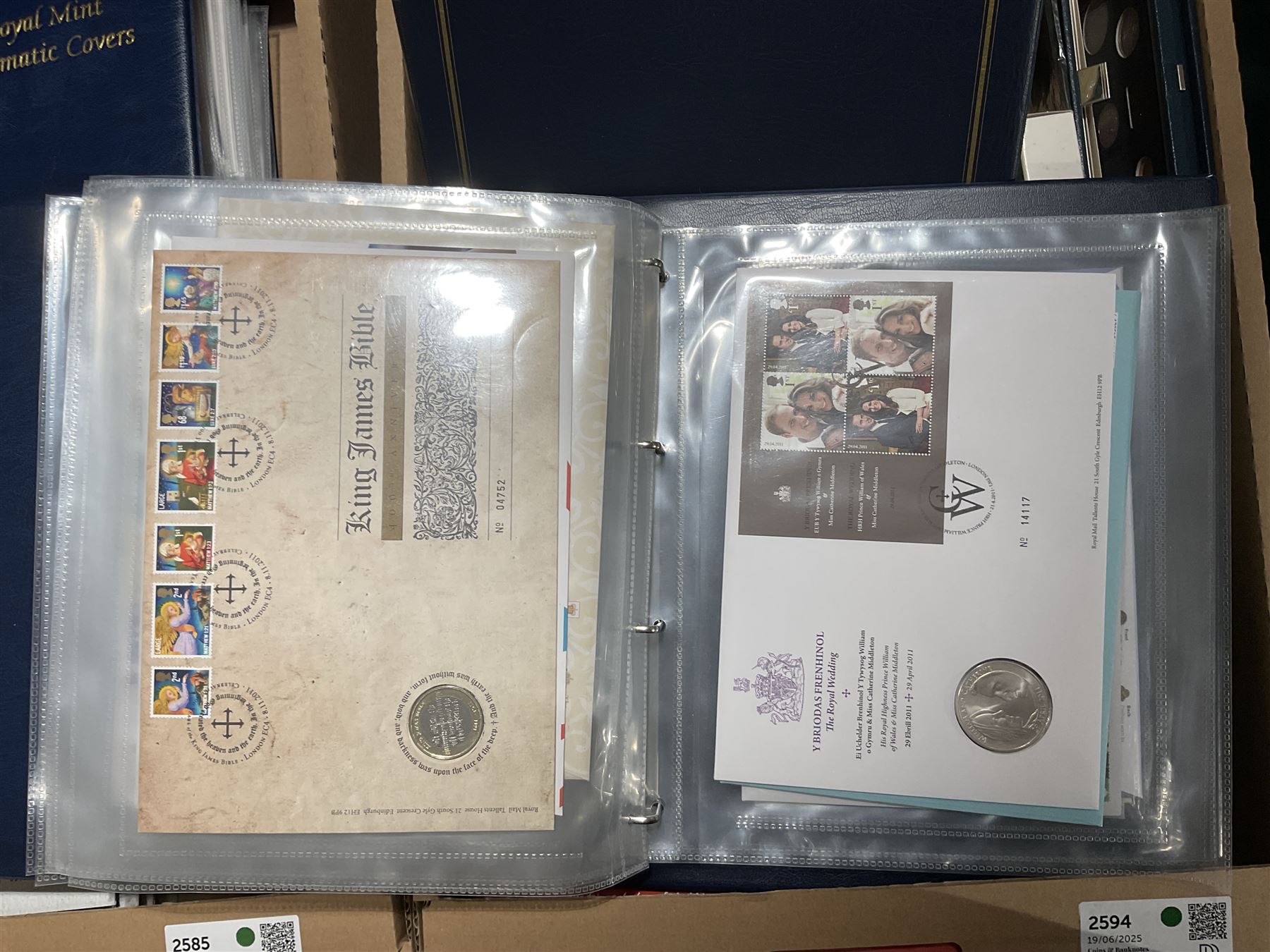 Approximately one hundred and fifteen Royal Mint coin covers, in two ring binder folders and loose, together with approximately 53 grams of Great British pre-1920 and approximately 68 grams of Great British pre-1947 silver threepence coins, and a small quantity of further pre-decimal coins