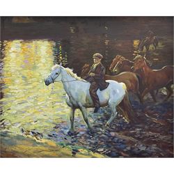After Sir Alfred James Munnings (British 1878-1959): 'Evening at the Ford', oil on board unsigned 50cm x 60cm