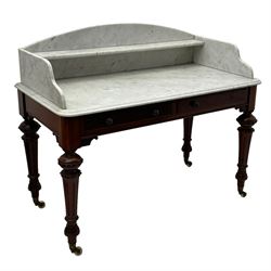 Victorian figured mahogany two-piece bedroom set - the washstand with white and black marble moulded top with arched back and raised shelf, two moulded frieze drawers, on turned and fluted supports with brass and ceramic castors (W123cm, D60cm, H102cm); the dressing table with raised swing mirror in moulded frame with shell and scroll carved pediment, on scrolled horns carved with foliage, four raised trinket drawers over moulded rectangular top, fitted with two drawers, on turned and fluted supports with brass and ceramic castors (W122cm, H177cm, D62cm)