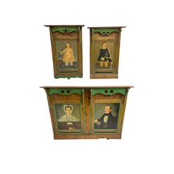 Polished pine and painted architectural wall panels, projecting cornice over shaped brackets and pierced canopies, decorated with portraits of a Victorian family