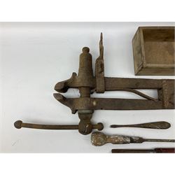 Blacksmith tools to include leg vice, L100cm, and a quantity other blacksmith tools housed in wooden box