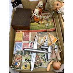 A group of assorted toys, to include two boxed Pelham puppets, SS Tyro Girl, and JC Mother, a Furga Italy doll, children's book The Art that glue built by Clara Andrews Williams Illustrated by George Alfred Williams, reproduction Pollock's original Victorian theatre, quantity of Britain's and other lead farm animal figures, etc. 