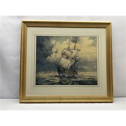 Robert Leslie Howey (British 1900-1981): Sailing Vessel off Whitby, charcoal and watercolour heightened in white signed 49cm x 62cm