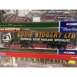 Corgi - four limited edition 1:50 scale heavy haulage vehicles comprising CC13907 Foden Alpha Curtainside Ken Abram Ltd.; 75605 Renault Curtainside Nigel Rice; 76602 Scania Box Trailer Eddie Stobart; and CC12802 Scania T-Cab Bulk Tipper Eddie Stobart; together with Esso Collection Car Transporter and two Road Tankers; all boxed (7)