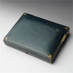 Royalty Interest - Engine turned silver cigarette case with gold crowned cypher, the gilded interior with a greetings card signed 'Edward' and an Egyptian cigarette 11cm x 8cm Birmingham 1925 Maker Adie Bros. Ltd in the original gilt tooled leather case marked 'Hartley, 45 Albemarle St., London'