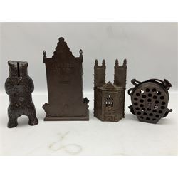 Four cast-iron money banks - 'Bear On Hind Legs bank' c1906 H16cm; 'ERII English Throne Bank' 1953 H21cm; both made by John Harper; 'Tally-Ho Bank' c1906 by Chamberlain & Hill H11.5cm; and 'Westminster Abbey Bank' c1908 by Sydenham & McCoustra H16cm (4)