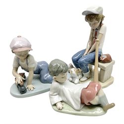 Three Lladro figures, comprising All Aboard no 7619, Taking Time no 5988 and Little Leaguer no 5291, all with original boxes, largest example H19cm