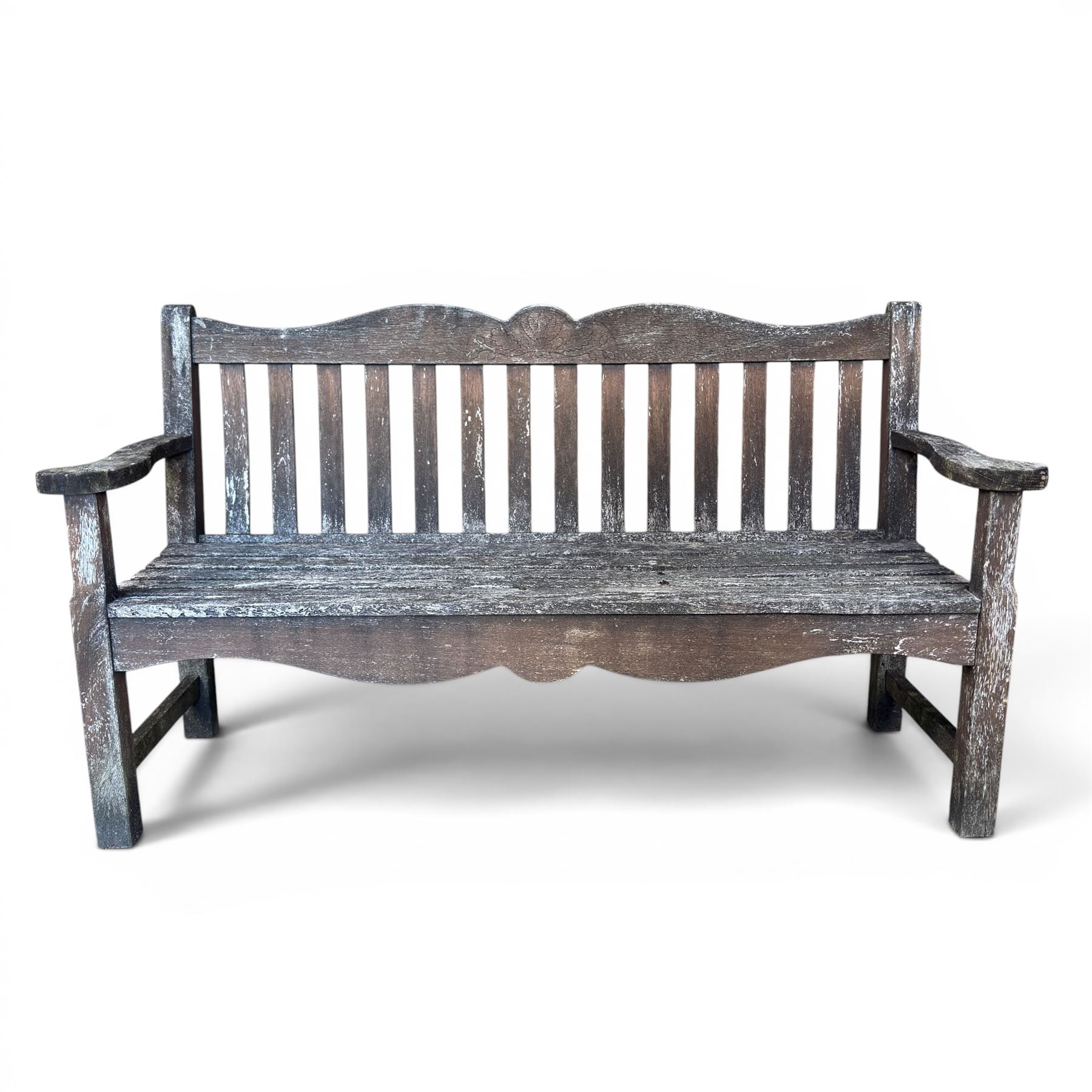 Teak garden bench, wavy shaped rail and slatted seat, with matching coffee table (2)