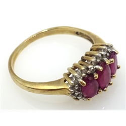  9ct gold three stone ruby and diamond cluster ring, hallmarked, similar silver-gilt bangle and ear-rings, both hallmarked  