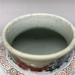 19th century Chinese Wucai vase and cover, decorated  with peacock on blue rockwork and other birds flying amongst tree peonies, H43cm