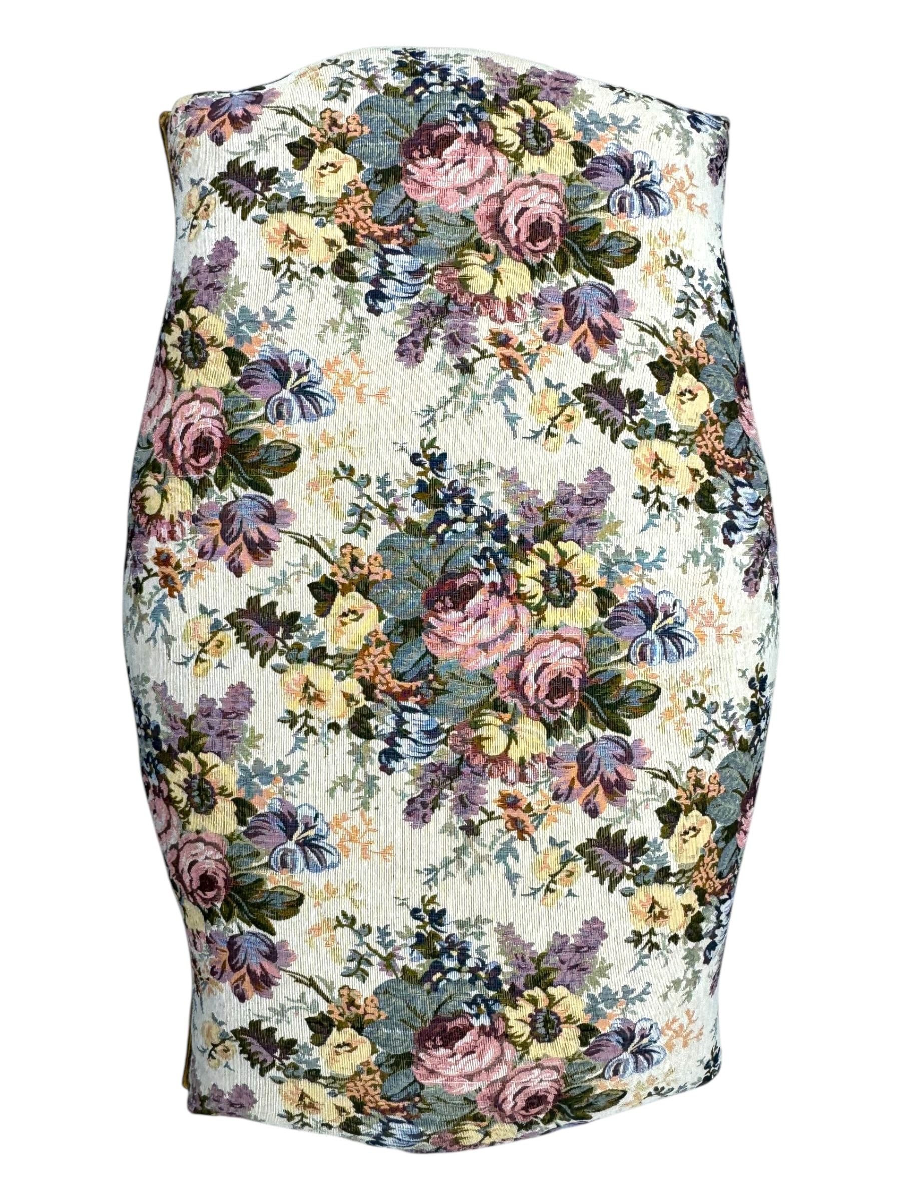 Pair of Louis XV-design giltwood stools, each upholstered in floral tapestry fabric, the carved frame adorned with scrolling foliage and shell motifs, raised on cabriole supports