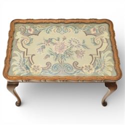 Georgian style occasional table with glazed needlework top, with pie crust edge, raised on cabriole supports