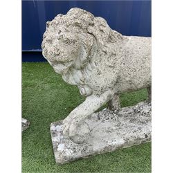 Pair composite stone standing lions on rectangular plinths  - THIS LOT IS TO BE COLLECTED BY APPOINTMENT FROM DUGGLEBY STORAGE, GREAT HILL, EASTFIELD, SCARBOROUGH, YO11 3TX