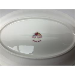 Royal Albert Old Country Roses pattern tea set, comprising teapot, coffee pot, six teacups and six saucers, five side plates, further teacup with joined saucer and side plate, open sucrier, milk jug, cake plate, and preserve pot and cover, together with Royal Albert Jubilee Rose pattern sauce boat and stand, and Royal Albert Lavender Rose pattern cake stand. 