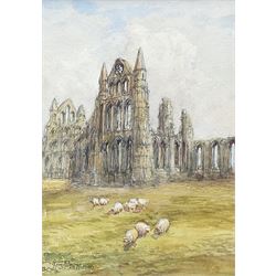 Mary Weatherill (British 1834-1913): Whitby Abbey Upper and Lower Harbour  views, three watercolours heightened in white each signed 12cm x 18cm framed as one
Provenance: part of an important single owner Weatherill Family collection