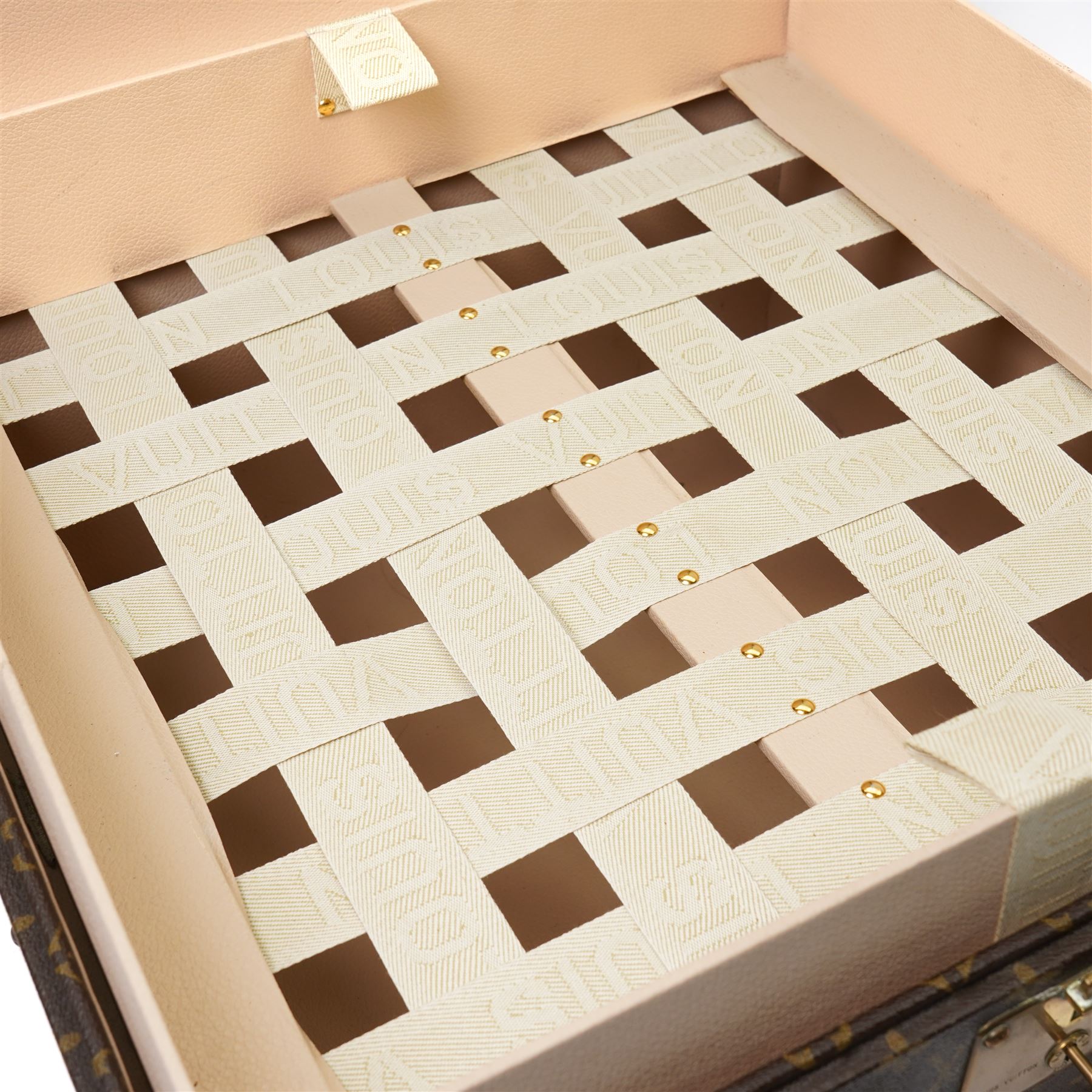 Mid-20th century Louis Vuitton monogram cabin trunk,  monogram canvas with lozine trim and brass mounts, single front leather handle with lock stamped Louis Vuitton with matching key code 1080701, the interior fitted with original webbing straps and lift-out tray, circa1960s, with original key present
