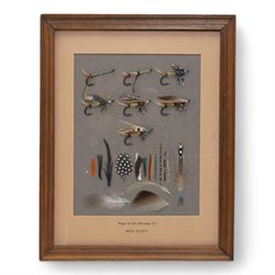 'Stages in the Dressing of a Jock Scott', a framed study showing the tying of a Jock Scott, circa 1980-81, the reverse hand-painted with the materials of the fly with handwritten instructions, the display was retailed by Dermot Wilson, Nether Wallop Mill and features as 'A new find' in their 1981 Farewell edition of A Choice of Tackle, Wilson retired in September 1981. The studies were created by a craftsman and his wife, the couple are not named and it's unknown how many others were produced, 37cm x 29cm overall
