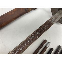 George V 1897 pattern Infantry officers sword, the 82cm single fullered blade with traces of etched detail and George V crown cipher, the ricasso marked Hawksworth Sheffield, pierced half basket hilt with George V cypher, wire-bound fish-skin grip with brass pommel and backstrap; in leather scabbard L102cm overall; together with two sectional gun cleaning rods; swagger stick made of leather strips etc