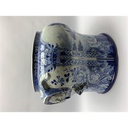 Large 20th century Delft blue and white jardinière, of baluster form with twin zoomorphic mask lug handles, decorated with hand painted panels of waterside scenes, within foliate surround, impressed and painted marks beneath for De Porceleyne Fles workshop, Delft, H35cm, rim D32