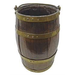  Victorian coopered coal bucket with four brass bands and swing handle, H40cm  