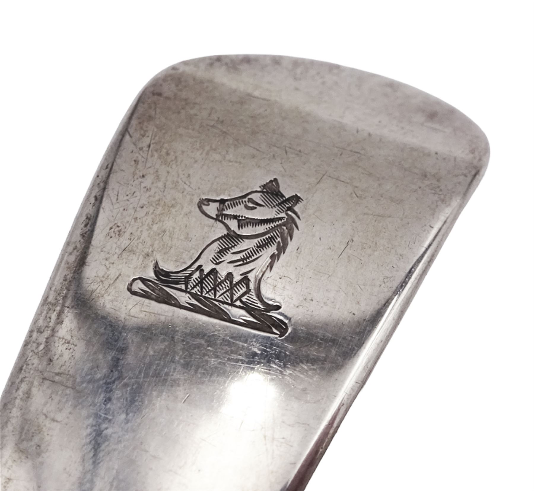 George III silver Old English pattern table spoon, with engraved crest to terminal, hallmarked London 1795, maker's mark RC, probably Richard Crossley, together with a George III silver Fiddle pattern table spoon, hallmarked William Eley I, William Fearn & William Chawner, London 1808 and a George III silver Old English pattern spoon, engraved with monogram, hallmarked John Lambe, London 1786, approximate total weight 5.32 ozt (165.6 grams)