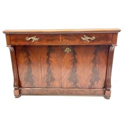 Late 19th century figured mahogany side cabinet, two drawers above two cupboards, turned feet