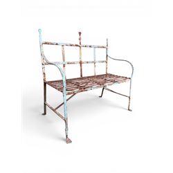 Regency period wrought iron strapwork garden bench, cresting rail with central Scottish th...