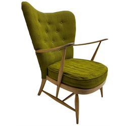 Ercol beech framed open armchair, buttoned upholstered back in green fabric, loose seat cushion 