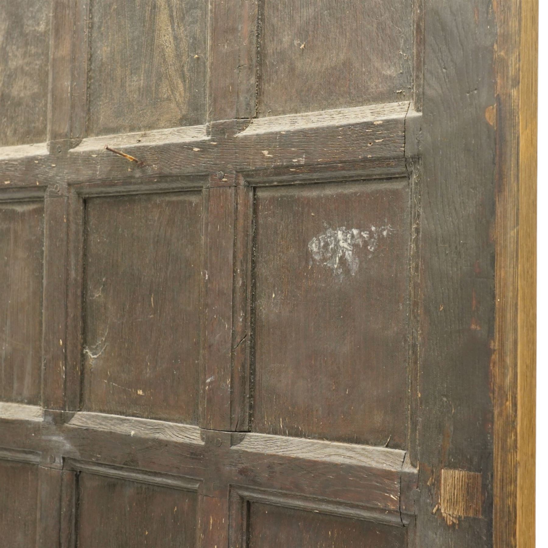 Mouseman - 1940s panelled and adzed oak front door with frame, iron rope twist handles, with carved mouse signature, by Robert Thompson of Kilburn 