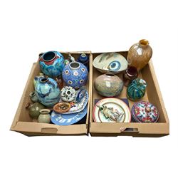 Poole pottery vase, Mdina glass vase and a collection of other glassware and ceramics, in two boxes 
