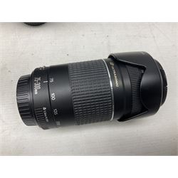 Canon Eos 7D camera body, serial number 3261306344, with 'Canon Ultrasonic EF 24-105mm Macro 0.45m/1.5ft Ultrasonic' Lens, 'Canon Zoom EF 75-300, 1;4-5.6 III' lens and Teleplus Pro 300 lens, together with tripod and original camera box 