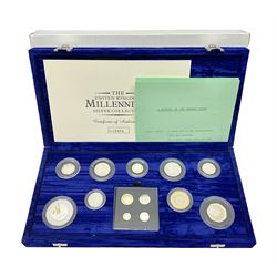 The Royal Mint United Kingdom 2000 silver proof Millennium coin collection, including Maundy coins, number 6384, cased with certificate 