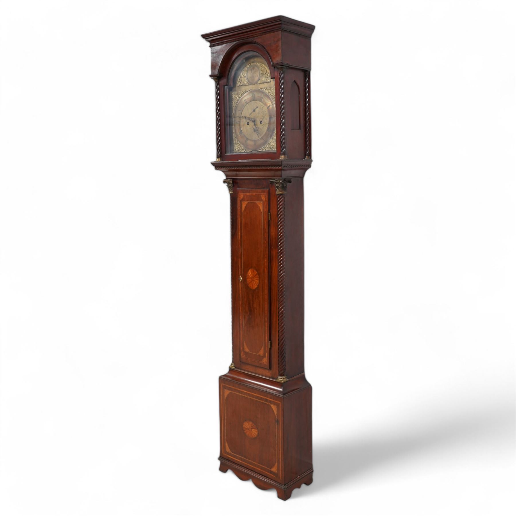 James Gordon of Perth -  8-day mahogany longcase c1790, in a mahogany case with a flat pediment hood and shallow cornice, break arch hood door beneath with matching spiral turned pilasters, trunk with full length conforming spiral pilasters and large brass Corinthian capitals, flat topped trunk door with  crossbanding, inlaid spandrels and an oval fan inlay to the centre, square plinth with matching inlay and a shaped base, brass dial with cast spandrels and circular boss with the makers name to the arch, engraved dial centre with seconds and calendar dials, chapter with Roman numerals, five minute Arabic's and steel hands, dial pinned to a rack striking movement sounding the hours on a bell. With weights and pendulum.  
James Gordon was a respected Scottish clock & watchmaker, granted the liberty to exercise his trade in Perth by the Incorporation of Hammermen on July 1st 1771. Died c1810.

This item has been registered for sale under Section 10 of the APHA Ivory Act

