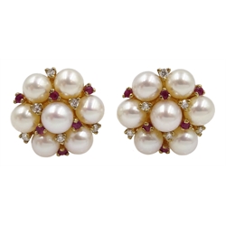 Pair of gold pearl, ruby and diamond cluster stud earrings, hallmarked 9ct