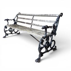 Victorian revival Coalbrookdale 'Dog and Serpent' pattern heavy cast iron garden bench, gr...