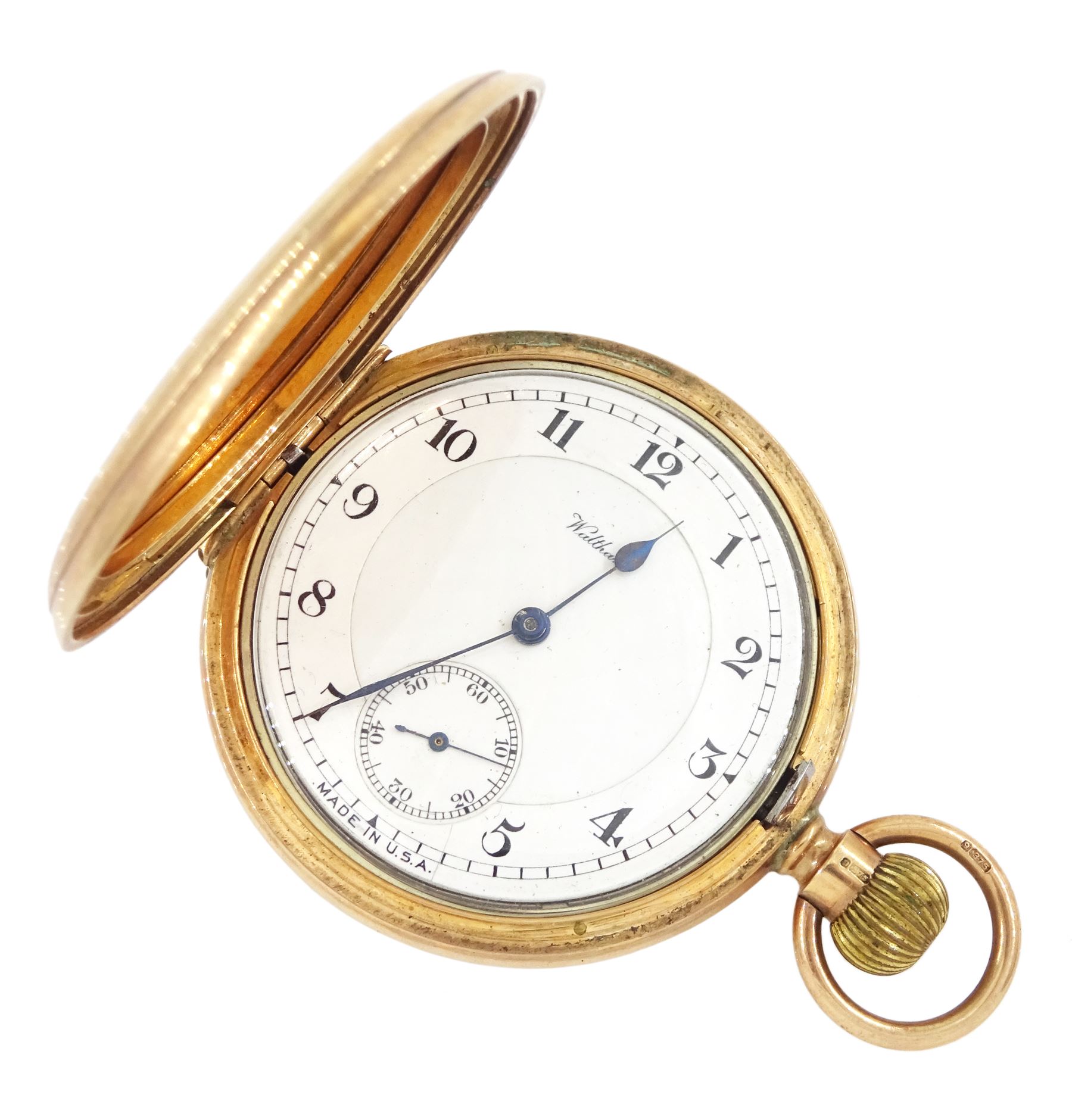 Early 20th century 9ct gold full hunter keyless lever pocket watch by American Watch Company, Waltham, No. 20107240, white enamel dial with Arabic numerals and subsidiary seconds dial, makers mark T R & S, Chester 1922