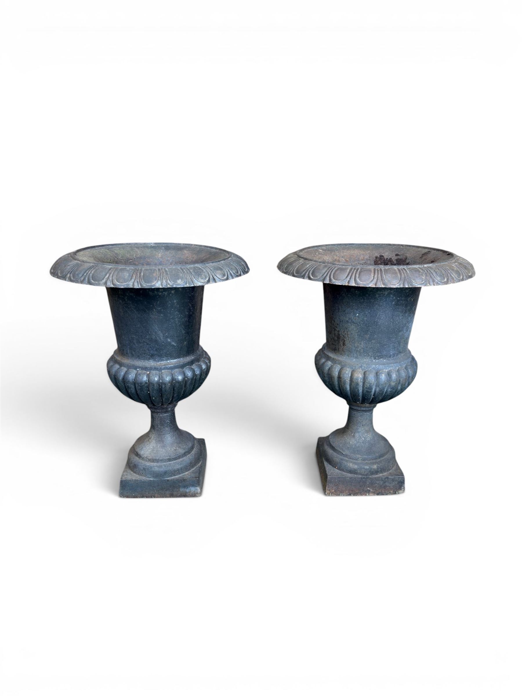Pair of Victorian design heavy cast iron garden urns, black painted, egg and dart rim on waisted column