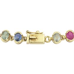 9ct gold sapphire, emerald and ruby bracelet, twenty-seven oval links set with alternative vari-colour sapphires, rubies and emeralds