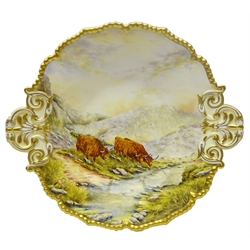  Royal Worcester two handled dish painted with Highland Cattle, painted by Kenneth Yates after Harry Stinton, c2005 L35.5cm  