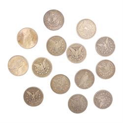 Fourteen United States of America silver one dollar coins, comprising eleven 'Morgan' dollars 1878, 1880, 1881, 1884, 1888 (2), 1889, 1890 (2), and 1899 (2), and three 'Peace' dollars 1922 (2) and 1925