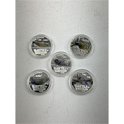 Five Queen Elizabeth II Bailiwick of Guernsey 2010 silver proof five pound coins, from the '70th Anniversary Battle of Britain Silver Coin Collection', some with certificates