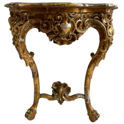 19th century giltwood console table, shaped and moulded top over cartouche and scroll carved frieze, acanthus and C-scroll cabriole supports on paw feet, the front supports united by shell carved rail