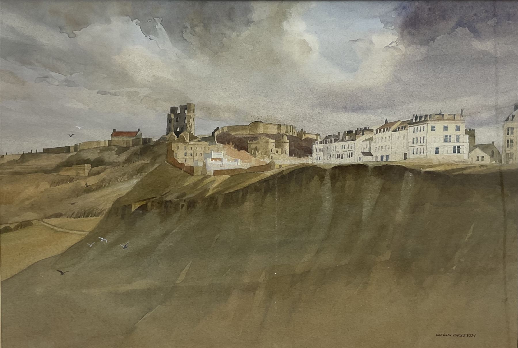 Colin R Britton (British 1947-): 'Scarborough Castle', watercolour signed, titled on Mall Galleries label verso 34cm x 50cm