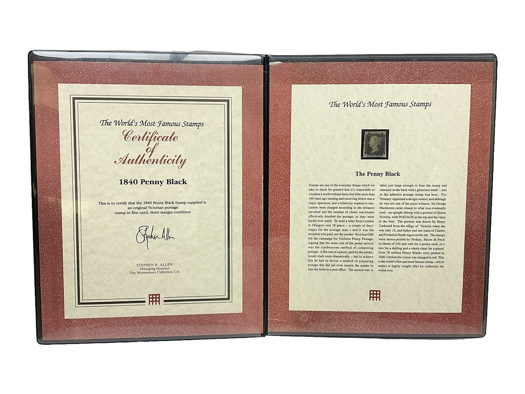 Great Britain Queen Victoria penny black stamp with red MX cancel, housed in a Westminster folder